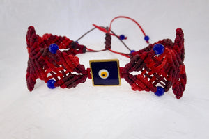 Evil Eye macrame bracelet. Adjustable, Handmade in Canada, Maroon red