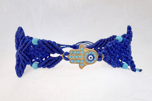 Hamsa macrame bracelet. Adjustable, Handmade in Canada, royal Blue