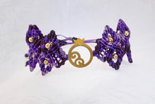 Load image into Gallery viewer, Pomegranate macrame bracelet, golden plated stainless steel pomegranate plaque. Adjustable, Handmade in Canada, purple