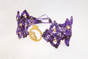 Pomegranate macrame bracelet, golden plated stainless steel pomegranate plaque. Adjustable, Handmade in Canada, Purple