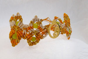 Pomegranate macrame bracelet, golden plated stainless steel pomegranate plaque. Adjustable, Handmade in Canada, Caramel Brown