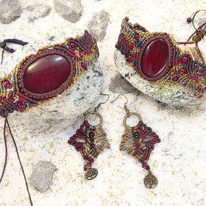 Red Jasper Maroon Micro Macrame Set of Bracelet, Choker and a Pair of Earrings