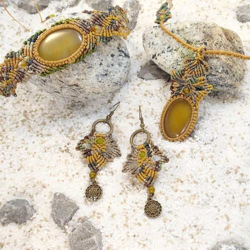 Yellow Agate Khaki Micro Macrame Set of Bracelet, Necklace, Choker, ring and a Pair of Earrings