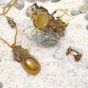 Yellow Agate Khaki Micro Macrame Set of Bracelet, Necklace, Choker, ring and a Pair of Earrings