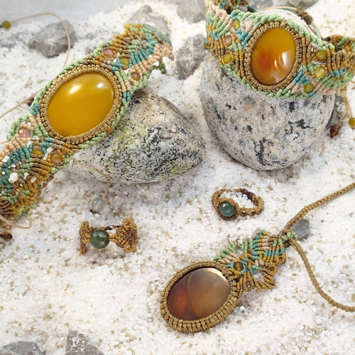 Yellow Agate Citron Micro Macrame Set of Bracelet, Necklace, Choker, ring and a Pair of Earrings