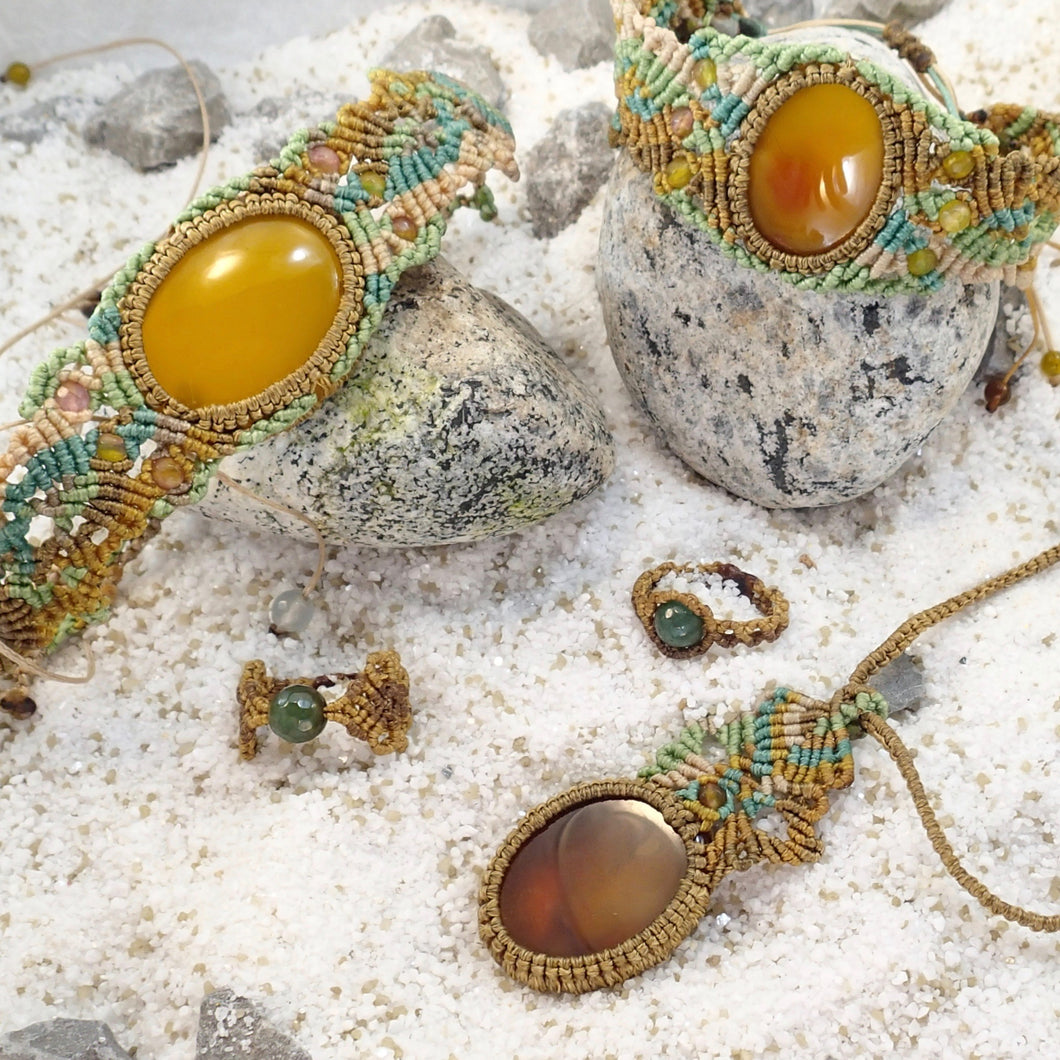 Yellow Agate Citron Micro Macrame Set of Bracelet, Necklace, Choker, ring and a Pair of Earrings