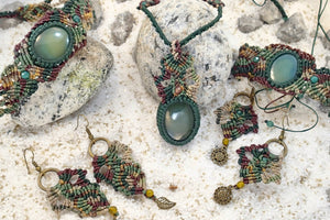 Dark Green Agate Micro Macrame Set of Bracelet, Necklace, Choker and Two Pairs of Earrings