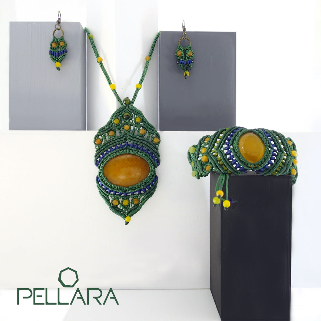 Macrame set of necklace, bracelet and earrings, By Pellara, made in Canada. Adjustable to fit different sizes. Boho and Gypsy style, Yellow agate natural gemstone.
