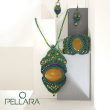 Load image into Gallery viewer, Macrame set of necklace, bracelet and earrings, By Pellara, made in Canada. Adjustable to fit different sizes. Boho and Gypsy style, Yellow agate natural gemstone.