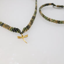Load image into Gallery viewer, Camouflage green macrame jewellery set, Necklace and bracelet, golden plated stainless steel or Sterling silver pendant. Adjustable, Handmade