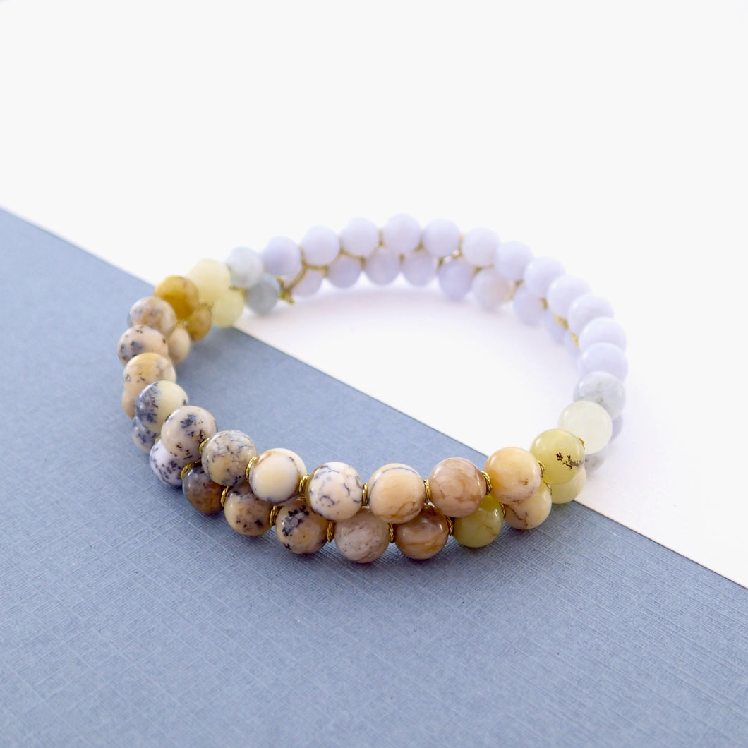 Gemstone bracelet by Pellara, inspired by nature. Infinite fields, made of agate, quartz, aquamarine and opal. Aries, Gemini, Scorpio, Leo & Capricorn zodiacs. 6mm stones