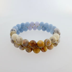 Gemstone bracelet by Pellara, inspired by nature. Infinite fields, made of agate, quartz, aquamarine and opal. Aries, Gemini, Scorpio, Leo & Capricorn zodiacs. 8mm stones