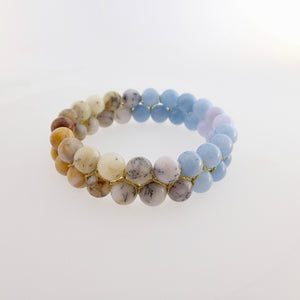 Gemstone bracelet by Pellara, inspired by nature. Infinite fields, made of agate, quartz, aquamarine and opal. Aries, Gemini, Scorpio, Leo & Capricorn zodiacs. 8mm stones