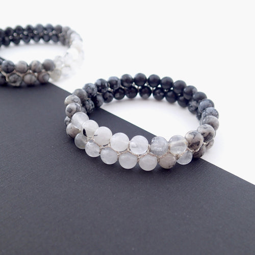 Gemstone bracelet by Pellara, Yin & Yang, made of Map Jasper, SilkStone, Rutilated Quartz & Snowflake Obsidian
