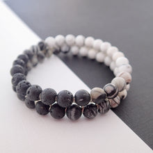 Load image into Gallery viewer, Gemstone Jewellery set by Pellara, Yin &amp; Yang, made of Lava rock, Map Jasper, Black Silk Stone, Rutilated Quartz &amp; Howlite, Aromatherapy necklace