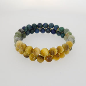 Gemstone bracelet by Pellara, inspired by stormy sea. attraction, made of azurite malachite, Tiger’s eye & Indian Jade. 6mm stones