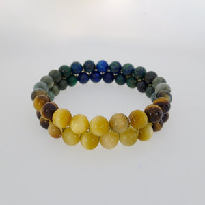 Gemstone bracelet by Pellara, inspired by stormy sea. attraction, made of azurite malachite, Tiger’s eye & Indian Jade