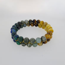 Load image into Gallery viewer, Gemstone bracelet by Pellara. attraction, made of azurite malachite, Tiger’s eye &amp; Indian Jade. 6, 8 &amp; 10mm stones
