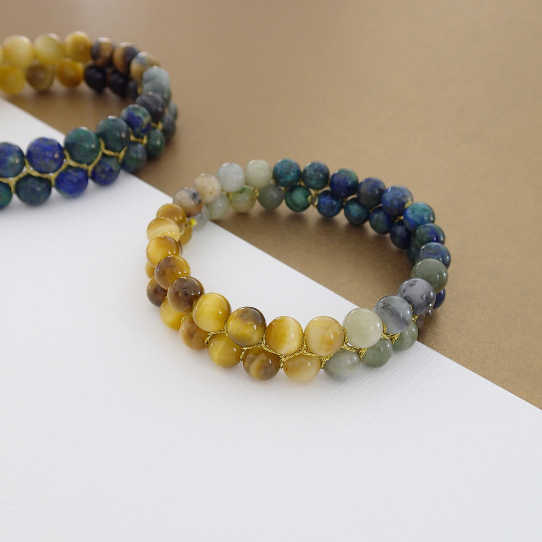 Gemstone bracelet by Pellara, inspired by stormy sea. attraction, made of azurite malachite, Tiger’s eye & Indian Jade. 6, 8 & 10mm stones