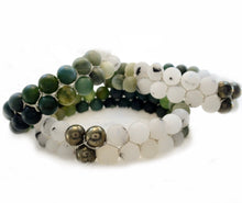 Load image into Gallery viewer, Gemstone bracelet by Pellara, inspired by aurora, made of Green rutilated quartz, White rutilated quartz, moss agate &amp; pyrite . Gemini &amp; Leo zodiacs. 8mm