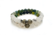 Load image into Gallery viewer, Gemstone bracelet by Pellara, inspired by aurora, made of Green rutilated quartz, White rutilated quartz, moss agate &amp; pyrite . Gemini &amp; Leo zodiacs. 8mm