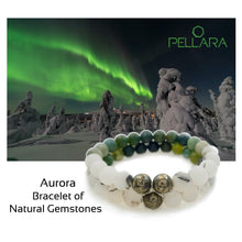 Load image into Gallery viewer, Gemstone bracelet by Pellara, inspired by aurora, made of Green rutilated quartz, White rutilated quartz, moss agate &amp; pyrite . Gemini &amp; Leo zodiacs. 8mm