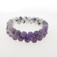 Load image into Gallery viewer, Gemstone bracelet by Pellara, inspired by bell flower, made of White rutilated quartz &amp; Amethyst. Pisces &amp; Leo zodiacs. 8mm