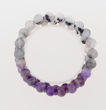 Load image into Gallery viewer, Gemstone bracelet by Pellara, inspired by bell flower, made of White rutilated quartz &amp; Amethyst. Pisces &amp; Leo zodiacs. 8mm