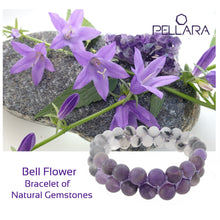 Load image into Gallery viewer, Gemstone bracelet by Pellara, inspired by bell flower, made of White rutilated quartz &amp; Amethyst. Pisces &amp; Leo zodiacs. 8mm