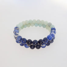 Load image into Gallery viewer,  Blue Jay, Gemstone bracelet by Pellara, made of Amazonite, Sodalite, Blue Tiger eye.  6, 8 &amp; 10mm. Third eye, Throat and Heart chakra