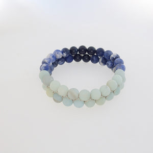 Gemstone bracelet by Pellara, inspired by Blue Jay, made of Amazonite, Sodalite, Blue Tiger eye. 6, 8 & 10mm. Third eye, Throat and Heart chakra