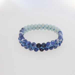 Blue Jay by Pellara, made of Amazonite, Sodalite, Blue Tiger eye. Aries, Scorpio, Gemini, Pisces & Leo zodiacs. 6, 8 & 10mm. Third eye, Throat and Heart chakra