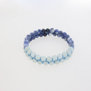 Gemstone bracelet by Pellara, inspired by Blue Jay, made of Amazonite, Sodalite, Blue Tiger eye. 6, 8 & 10mm. Third eye, Throat and Heart chakra