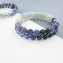 Load image into Gallery viewer,  Blue Jay, Gemstone bracelet by Pellara, Aries, Scorpio, Gemini, Pisces &amp; Leo zodiacs. 6, 8 &amp; 10mm. Third eye, Throat and Heart chakra