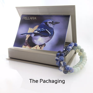 gift package for Blue Jay, Gemstone bracelet by Pellara, made of Amazonite, Sodalite, Blue Tiger eye. Aries, Scorpio, Gemini, Pisces & Leo zodiacs.