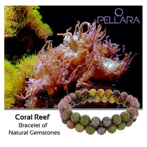 Coral Reef Gemstone bracelet by Pellara, shows colour combination of corals, made of Tiger Eye, Unakite, Rhodonite and Pyrite