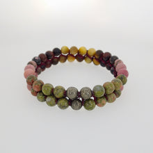 Load image into Gallery viewer, made of Tiger Eye, Unakite, Rhodonite and Pyrite . Gemini, Scorpio, Leo, Virgo &amp; Libra zodiacs. 6 &amp; 8mm stones