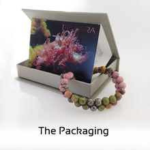 Load image into Gallery viewer, Gift package of Coral Reef Gemstone bracelet by Pellara, shows colour combination of corals, made of Tiger Eye, Unakite, Rhodonite and Pyrite