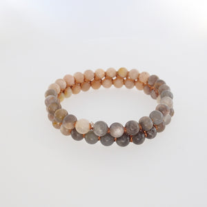 Gemstone bracelet, Dawn, by Pellara. Made of Sunstone and Moonstone. Birthstone gift for Cancer zodiac. The Crown and sacral chakra.