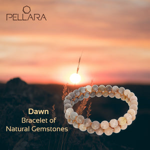 Gemstone bracelet, Dawn, by Pellara. Made of Sunstone and Moonstone. Birthstone gift for Cancer zodiac. The Crown and sacral chakra.