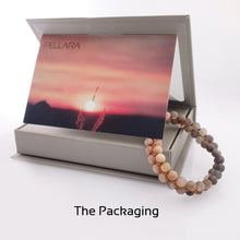 Load image into Gallery viewer, gift package for Gemstone bracelet, Dawn, by Pellara. Made of Sunstone and Moonstone. The Crown and sacral chakra.