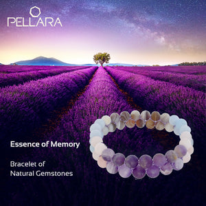 Gemstone bracelet, Essence of Memory by Pellara. Made of Agate, Amethyst and Beryl. The Crown, Throat and base chakras.