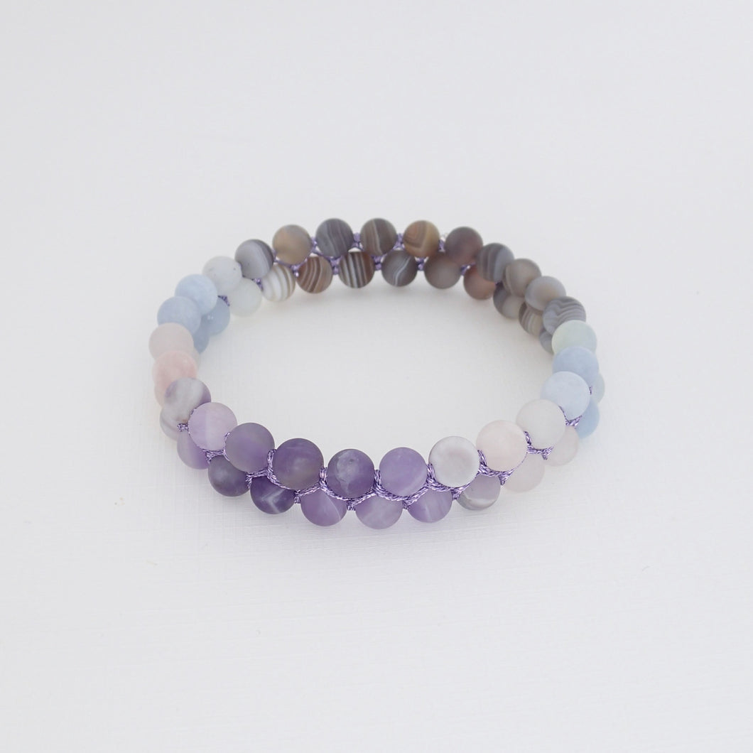 Gemstone bracelet, Essence of Memory by Pellara. Made of Agate, Amethyst and Beryl. Birthstone gift for Aries, Leo, Virgo and Pisces zodiacs. 