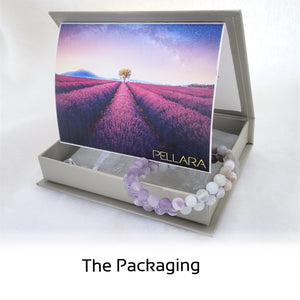 Gift package for Gemstone bracelet, Essence of Memory by Pellara. Made of Agate, Amethyst and Beryl. The Crown, Throat and base chakras.
