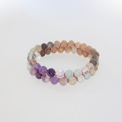 Gemstone bracelet, Eyes of Green by Pellara. Made of Sunstone, Moonstone & Flourite. Birthstone gift for Cancer, Capricorn & Pisces zodiacs.