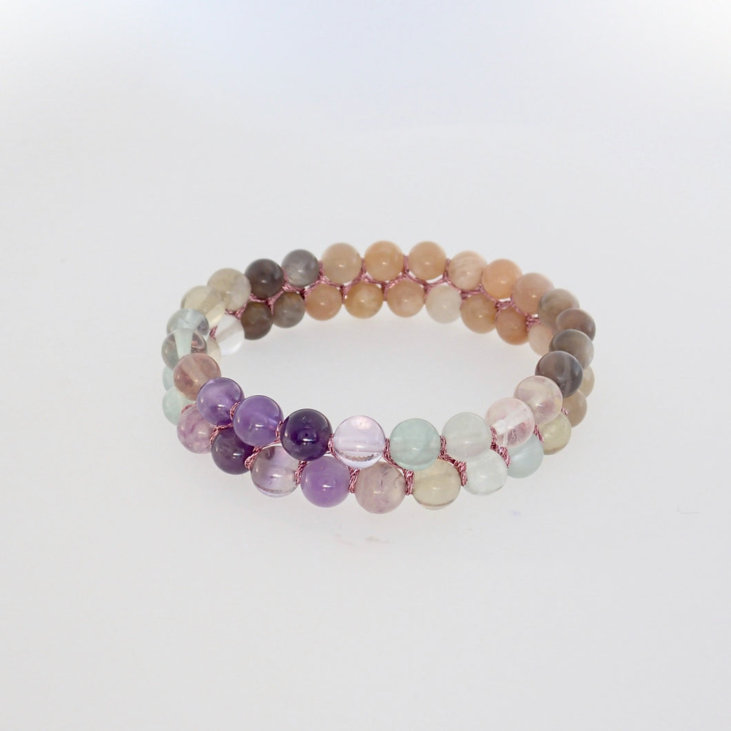 Gemstone bracelet, Eyes of Green by Pellara. Made of Sunstone, Moonstone & Flourite. Birthstone gift for Cancer, Capricorn & Pisces zodiacs.