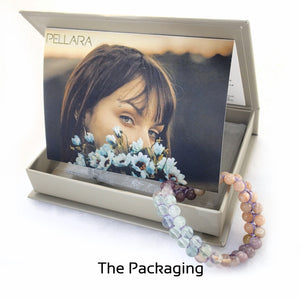 Gift package for Gemstone bracelet, Eyes of Green by Pellara. Made of Sunstone, Moonstone & Flourite. Birthstone gift for Cancer, Capricorn & Pisces zodiacs.
