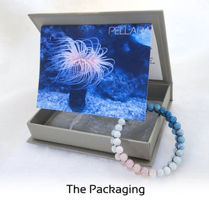 Gift package for gemstone Bracelet, Flowing in the deep by Pellara. Made of Apatite, Larimar, Morganite & Jasper. Birthstone gift for Leo, Virgo, Scorpio & Pisces zodiacs