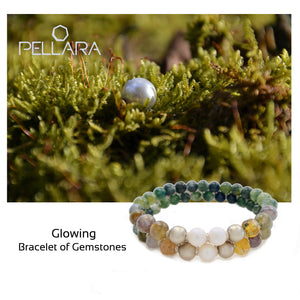 Gemstone bracelet by Pellara, shades of green in Glowing, made of White moss & Indian agate. Gemini zodiac. 8mm & 6mm