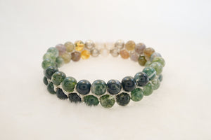 Gemstone bracelet by Pellara, shades of green in Glowing, made of White moss & Indian agate. Gemini zodiac. 8mm & 6mm